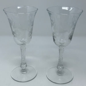 Etched Floral Set‎ of 2 Goblet Stemmed Glasses Cut Stem 8" Tall x 3 1/2" Wide